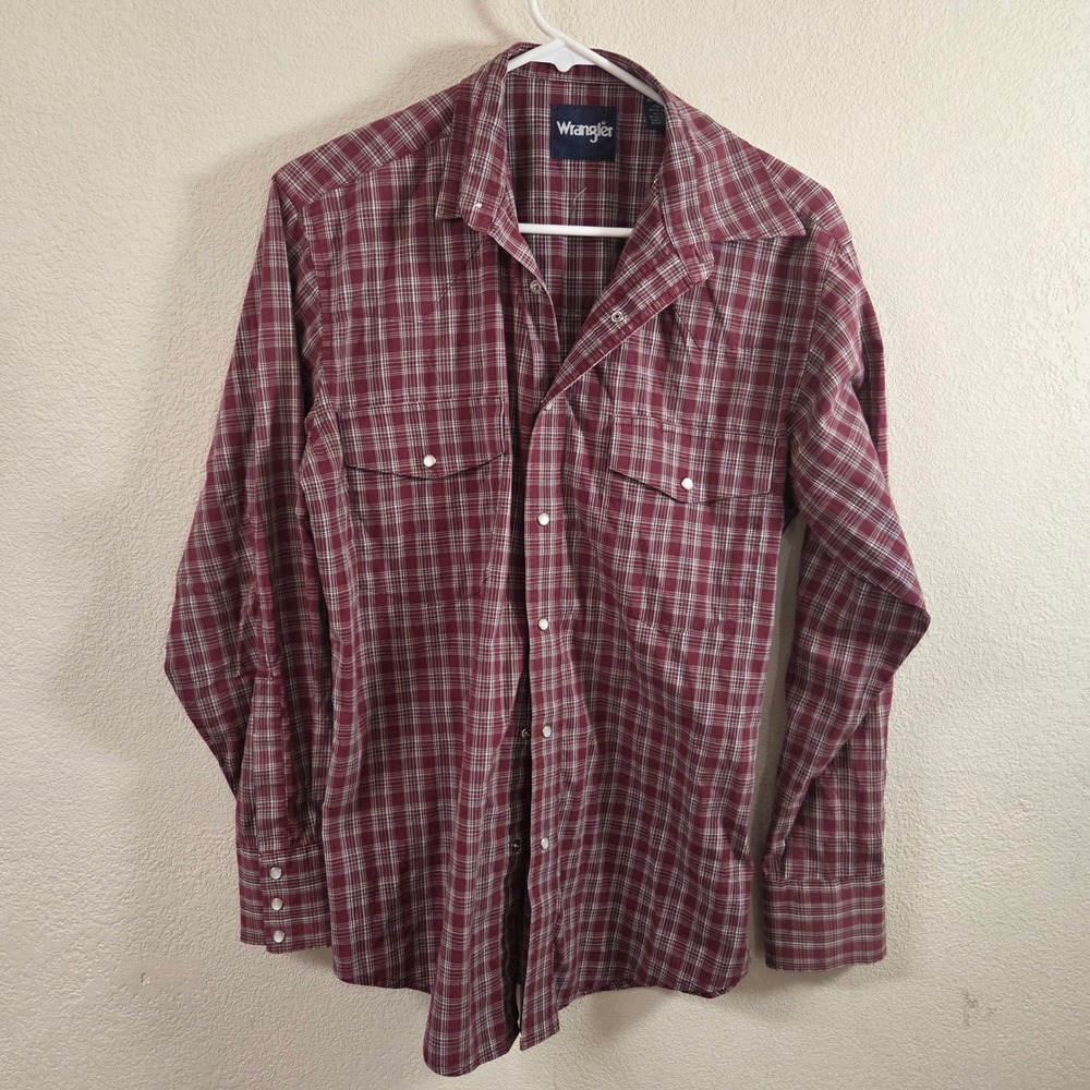 Wrangler Mens Burgundy Plaid Pearl Snap Western Shirt Medium MWR414R